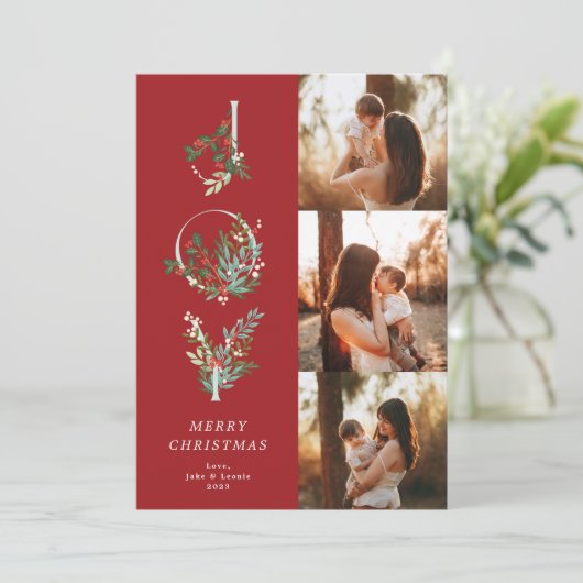 赤エレガントいクリスマス植物学JOY 3写真 シーズンカード (スタンド正面)