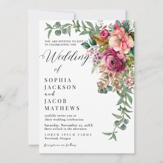 赤エレガントいバラのロマンチックなフローラ冬の結婚式 招待状 (正面)