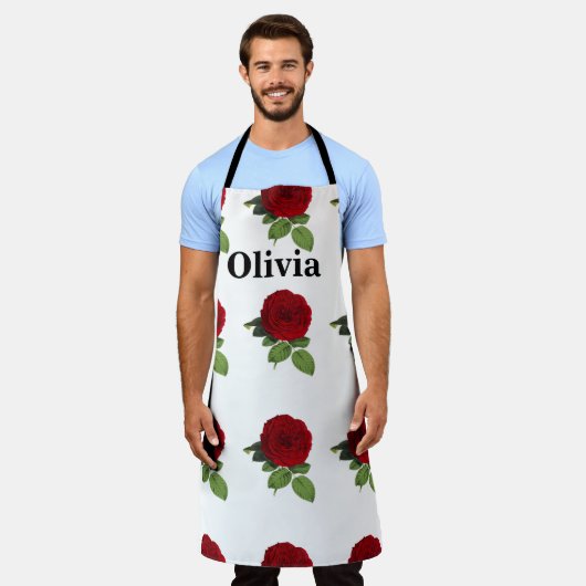 赤エレガントいローズパーソナライズされた名 エプロン (着用した状態)