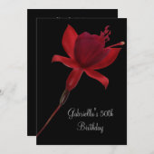 赤エレガントい花オンブラック50誕生日 招待状 (正面/裏面)