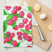 赤エレガントさくらんぼと緑の葉パターン | キッチンタオル (四つ折り)
