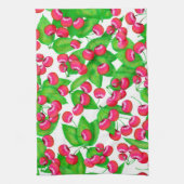赤エレガントさくらんぼと緑の葉パターン | キッチンタオル (縦)