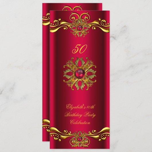 赤エレガントさくらんぼジュエル金ゴールド誕生日パーティー 招待状 (正面/裏面)