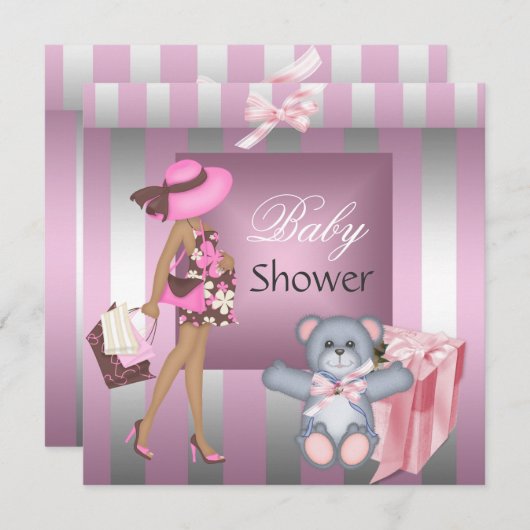 赤エレガントちゃんシャワかわいらしーピンクシルバーストライプギフト 招待状 (正面/裏面)