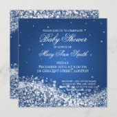 赤エレガントちゃんシャワーきらめくウェーブブルー 招待状 (正面/裏面)