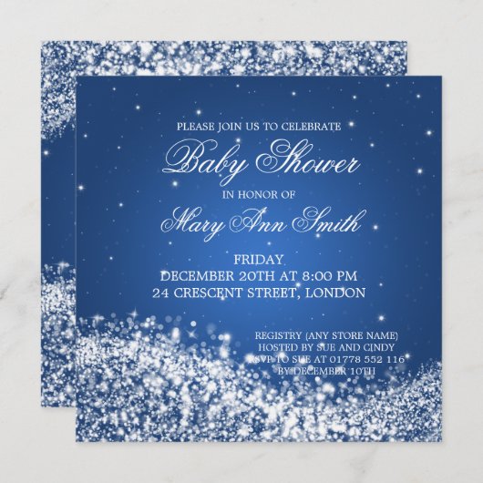 赤エレガントちゃんシャワーきらめくウェーブブルー 招待状 (正面/裏面)