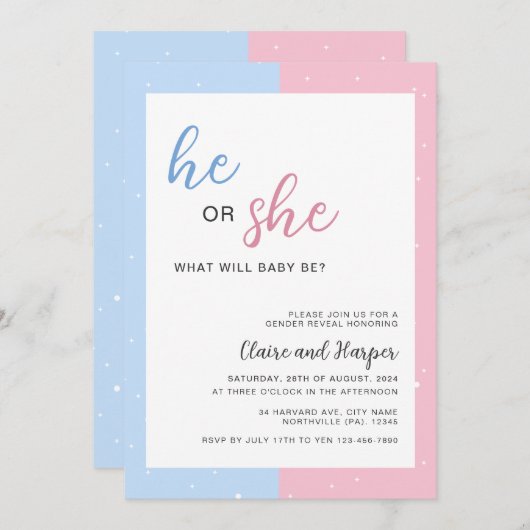 赤エレガントちゃんシャワーを明かすピンクとブルーの性別 招待状 (正面/裏面)