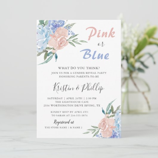 赤エレガントちゃんシャワーを明らかにするピンクの青フローラ性別 招待状 (スタンド正面)