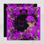 赤エレガントちゃんシャワーガールパープルピンクローズフラワー 招待状 (正面/裏面)