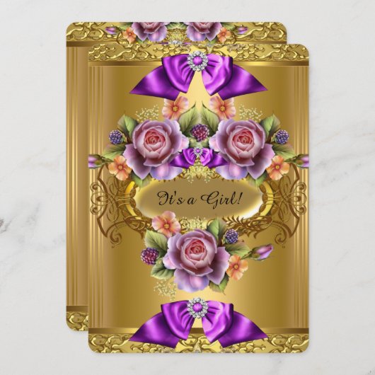 赤エレガントちゃんシャワーガールパープルピンク金ゴールドバラ2 招待状 (正面/裏面)