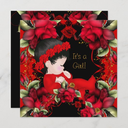 赤エレガントちゃんシャワーガールレッドローズフラワーズ2 招待状 (正面/裏面)