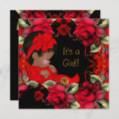 赤エレガントちゃんシャワーガールレッドローズフラワー 招待状 (正面/裏面)