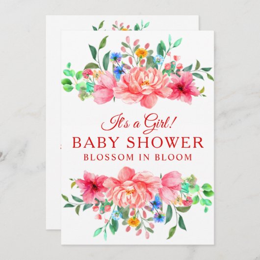 赤エレガントちゃんシャワーピンクのバラの花 招待状 (正面/裏面)