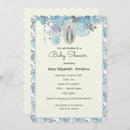 赤エレガントちゃんシャワーブルーフローラ宗教 招待状 (正面/裏面)