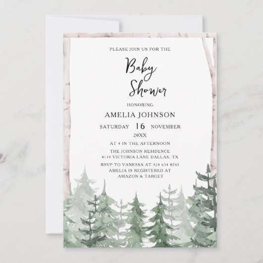 赤エレガントちゃんシャワー水色の松の木の冬 招待状 (正面)