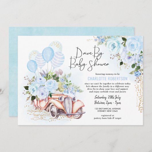 赤エレガントちゃんシャワー青金ゴールドフローラ少年 招待状 (正面/裏面)