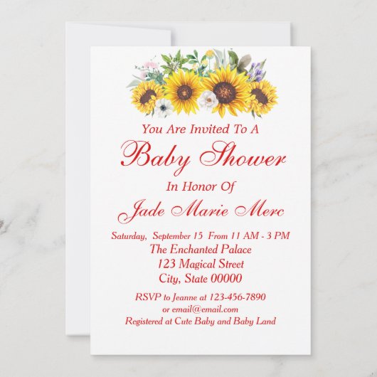 赤エレガントちゃんシャワー黄色ひまわり花 招待状 (裏面)