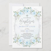 赤エレガントちゃんブルーシルバーフラワーバプテスマ 招待状 (正面)