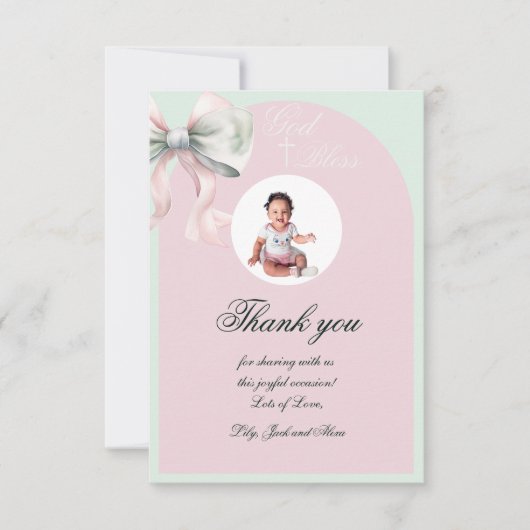 赤エレガントちゃん女の子のためのピンクのミント弓バプテスマ サンキューカード (正面)