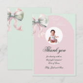 赤エレガントちゃん女の子のためのピンクのミント弓バプテスマ サンキューカード (正面/裏面)