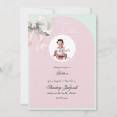 赤エレガントちゃん女の子のためのピンクのミント弓バプテスマ 招待状 (正面)