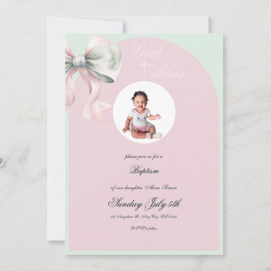 赤エレガントちゃん女の子のためのピンクのミント弓バプテスマ 招待状 (正面)