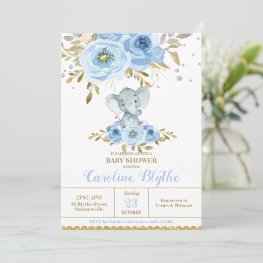 赤エレガントちゃん青フローラゾウ男の子の赤ちゃんシャワー 招待状 (スタンド正面)
