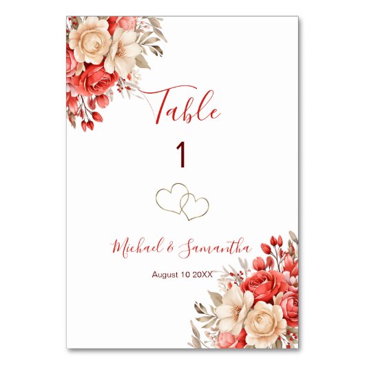 赤エレガントとアイボリーバラ結婚の徴候 テーブルナンバー (正面)