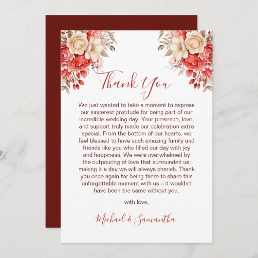 赤エレガントとアイボリーバラ結婚ズ サンキューカード (正面/裏面)