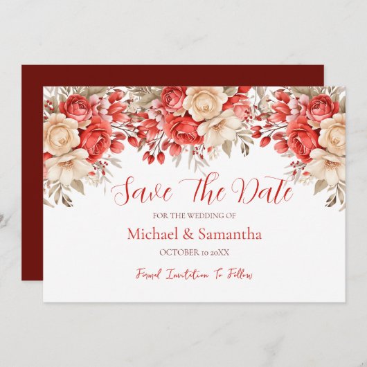赤エレガントとアイボリーバラ結婚ズ セーブザデート (正面/裏面)