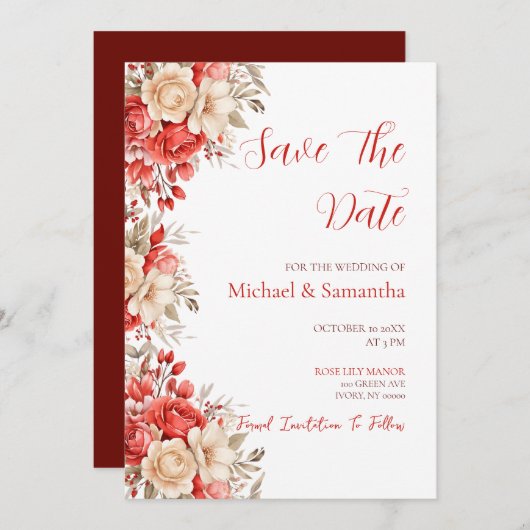 赤エレガントとアイボリーバラ結婚ズ セーブザデート (正面/裏面)
