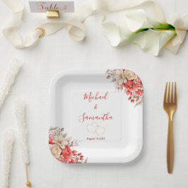 赤エレガントとアイボリーバラ結婚ズ ペーパープレート