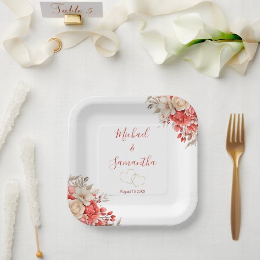 赤エレガントとアイボリーバラ結婚ズ ペーパープレート (ウェディング)