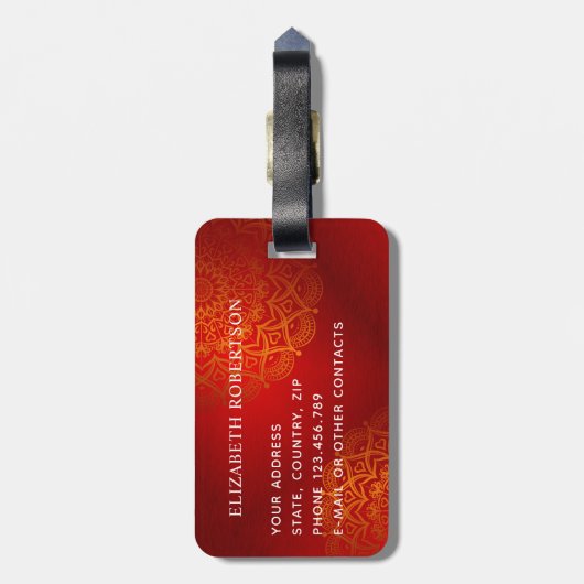 赤エレガントとオレンジの曼荼羅モノグラムの ラゲッジタグ (裏面縦)