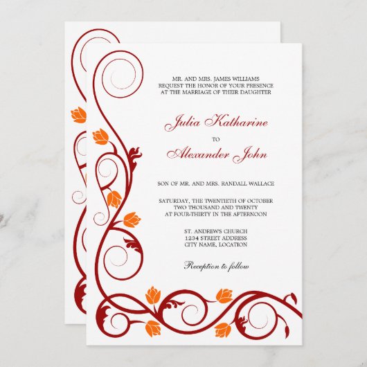赤エレガントとオレンジの渦巻き結婚旋回 招待状 (正面/裏面)