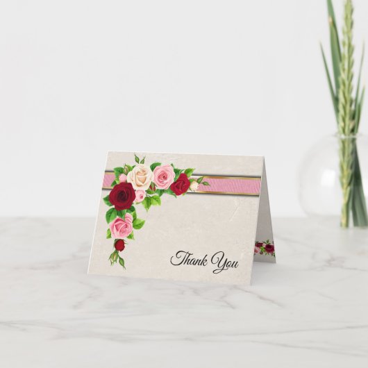 赤エレガントとピンクのバラと金ゴールド結婚の サンキューカード (正面)