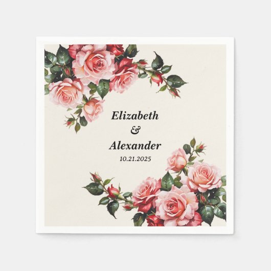 赤エレガントとピンクのバラのフローラ結婚 スタンダードカクテルナプキン (正面)