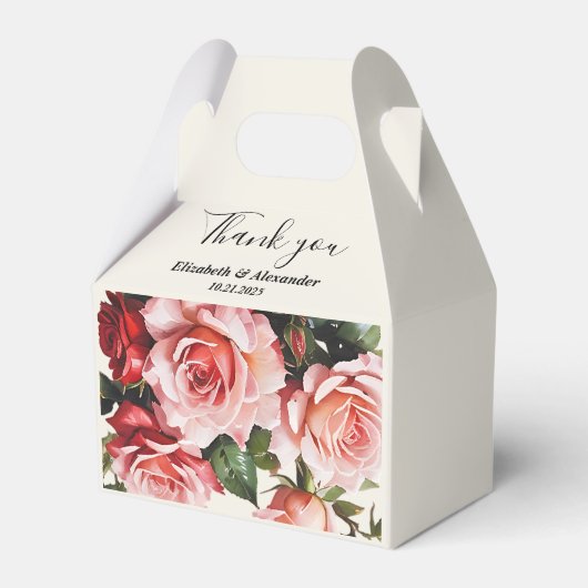 赤エレガントとピンクのバラのフローラ結婚 フェイバーボックス (正面サイド)