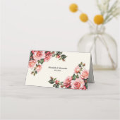 赤エレガントとピンクのバラのフローラ結婚 プレイスカード (裏面)