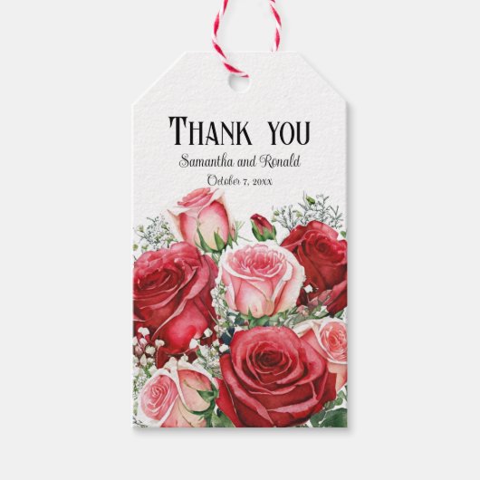 赤エレガントとピンクのバラ結婚ズ ギフトタグ (正面)