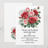 赤エレガントとピンクのバラ結婚ズ 招待状 (正面/裏面)