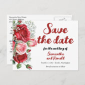 赤エレガントとピンクのバラ結婚ズ 案内ポストカード (正面/裏面)