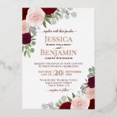 赤エレガントとピンクのフローラとバラ金ゴールド結婚の 箔招待状 (正面)