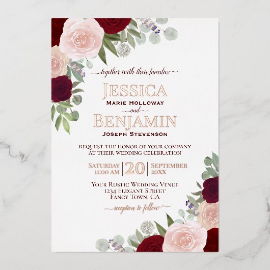 赤エレガントとピンクのフローラとバラ金ゴールド結婚の 箔招待状 (正面)