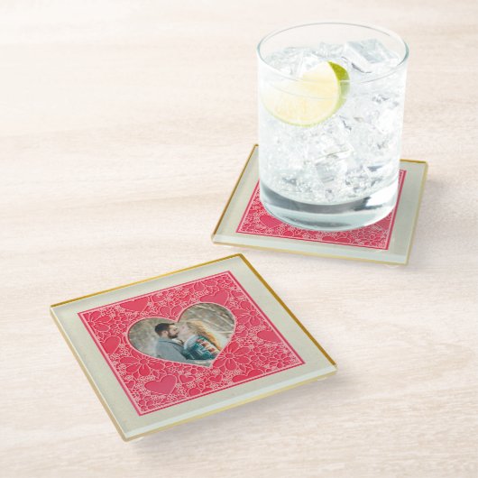 赤エレガントとピンクのフローラハートバレンタインデー ガラスコースター (アングル)