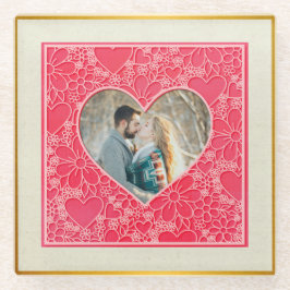 赤エレガントとピンクのフローラハートバレンタインデー ガラスコースター