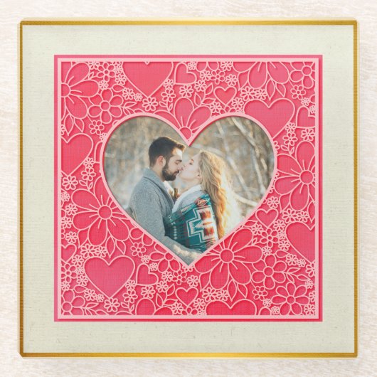 赤エレガントとピンクのフローラハートバレンタインデー ガラスコースター (正面)