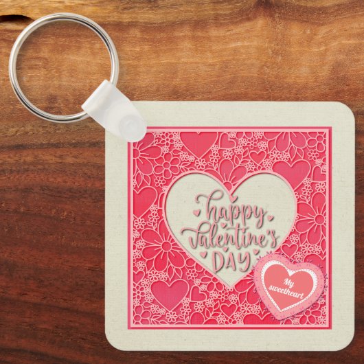 赤エレガントとピンクのフローラハートバレンタインデー キーホルダー (正面)