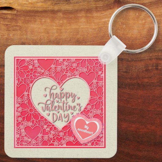 赤エレガントとピンクのフローラハートバレンタインデー キーホルダー (裏面)