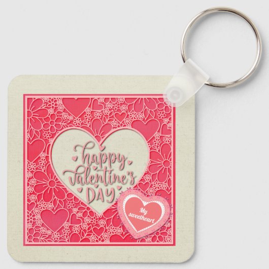 赤エレガントとピンクのフローラハートバレンタインデー キーホルダー (裏面)